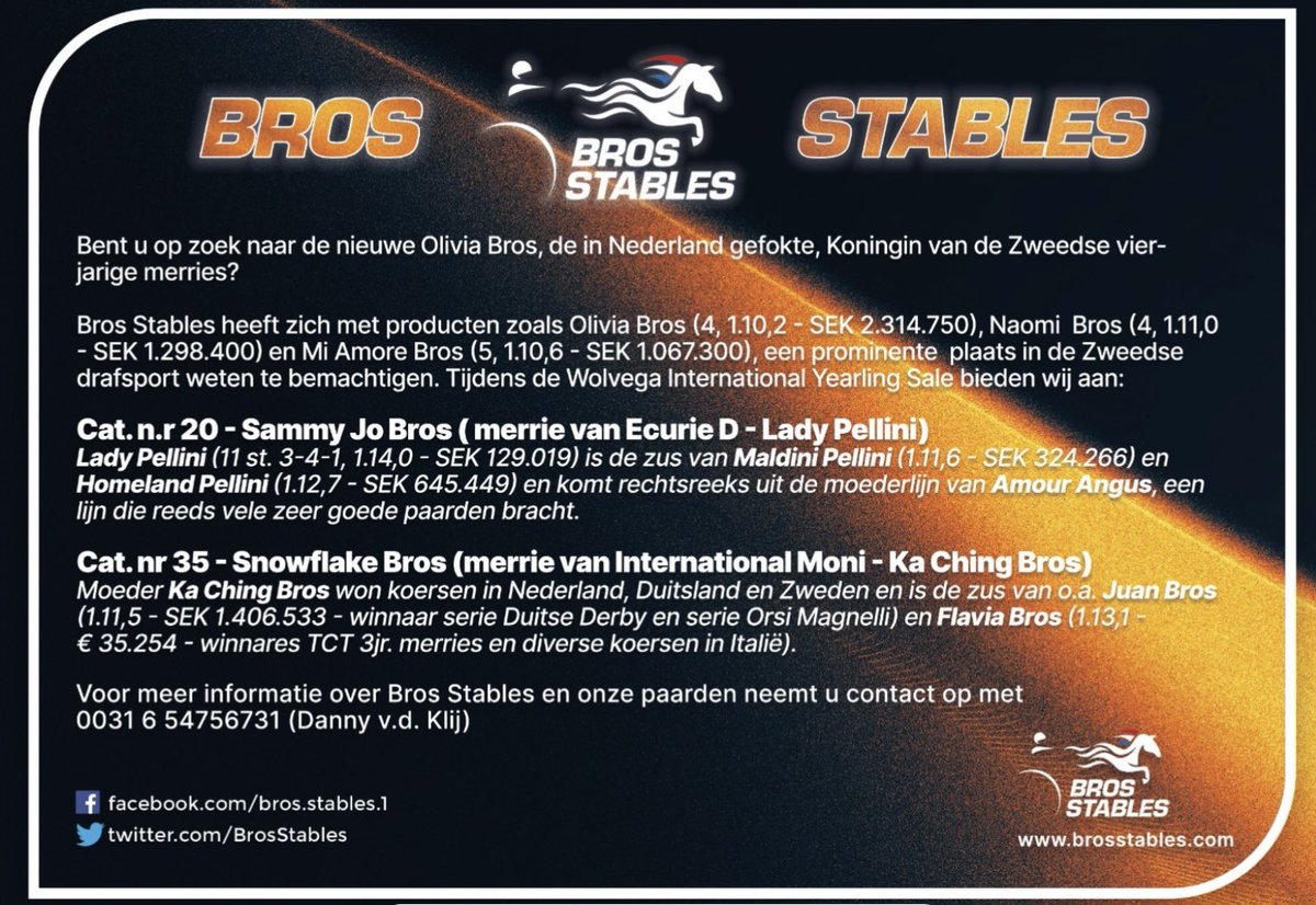 De afgelopen jaren lag onze focus vooral op Zweden en Italië, maar natuurlijk vergeten we onze eigen Nederlandse sport niet! 😁
Aanstaande zaterdag verschijnen twee prachtige jaarlingen van ons op Wolvega International Yearling Sale
See you there !
Proud breeders 😊