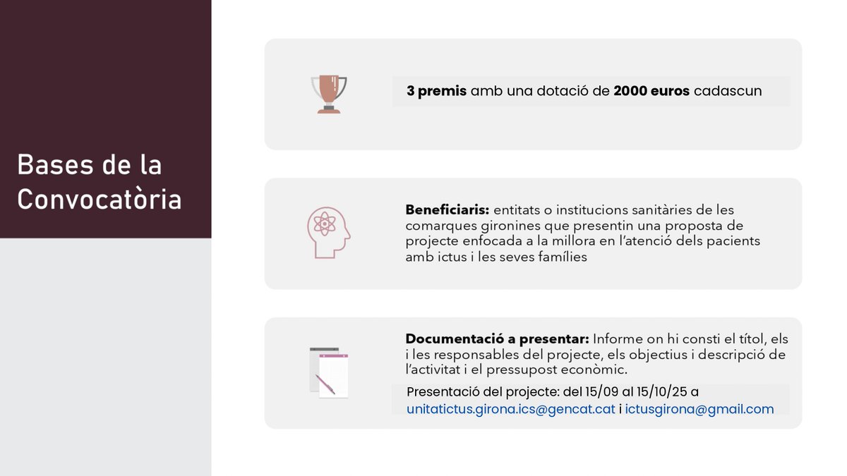 Ictus Girona (@ictusgirona) on Twitter photo 🏆 Premis Unitat d’ #ictus Hospital Trueta de Girona 2025‼️
📆 Presentació del projecte del 15/09 al 15/10/2025 a:
📧 unitatictus.girona.ics@gencat.cat
📧 ictusgirona@gmail.com 🏆 Premis Unitat d’ #ictus Hospital Trueta de Girona 2025‼️
📆 Presentació del projecte del 15/09 al 15/10/2025 a:
📧 unitatictus.girona.ics@gencat.cat
📧 ictusgirona@gmail.com