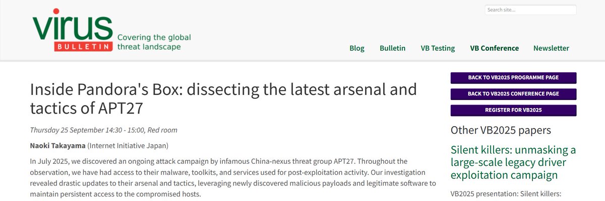mopisec's tweet image. Excited to announce that my talk &quot;Inside Pandora&apos;s Box: Dissecting the latest arsenal and tactics of APT27&quot; has been accepted at Virus Bulletin 2025 ( #vb2025 ) . I am looking forward to share my research everyone there!
🔗virusbulletin.com/conference/vb2…