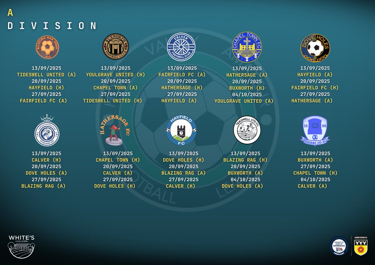 After a fantastic start to the season, we are sure that the league will now see an influx in spectators!

Here's the upcoming 3 fixtures for each team in each division to help you plan. Details of the fixture times/venues can be found at fulltime.thefa.com/index.html?lea…