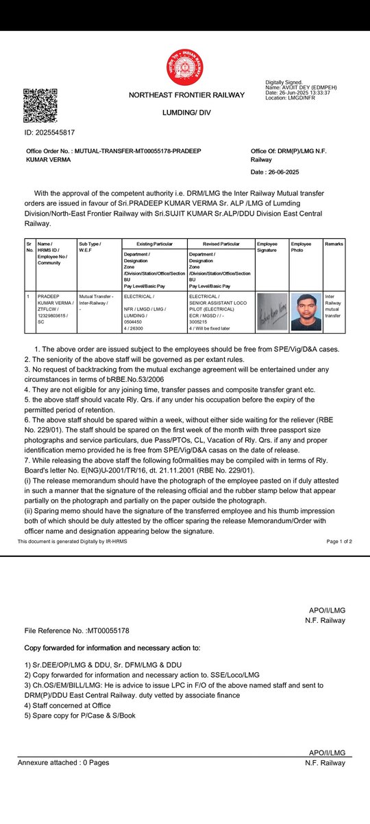 Pradeep00270222's tweet photo. @PMOIndia @PMOIndia_RC @RailMinIndia @railwayboard1 @AshwiniVaishnaw @deputydirector
#mutualtransfer office order no. MT00055178 drafted 26/06/2025, rule is spare within a week, without either side waiting for the reliever. But i haven't been spared yet.
Pls help me respected sir https://t.co/Yn3A296bdL