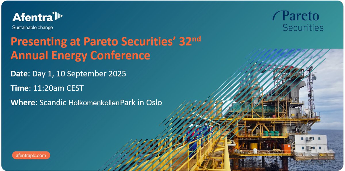 <a href="/AfentraPLC/">Afentra</a> CEO Paul McDade will be presenting at the Pareto Securities 32nd Annual Energy Conference on 10 September 2025 11:20 CEST.

For more information on the conference please visit: paretosec.com/energy-confere…

#AET #ParetoSecurities