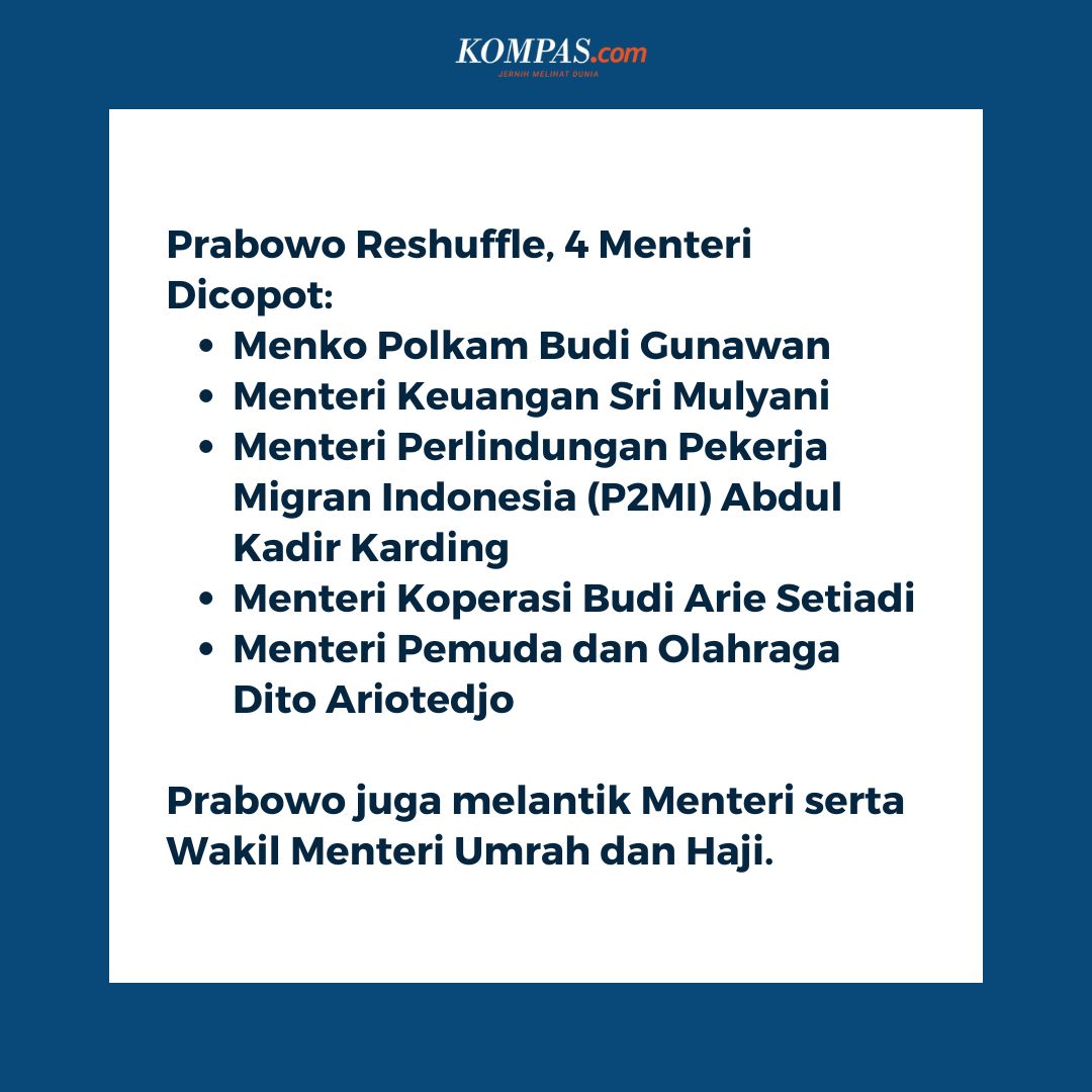Prabowo Reshuffle Kabinet, Lima Menteri Diganti

Baca di nasional.kompas.com/read/2025/09/0…