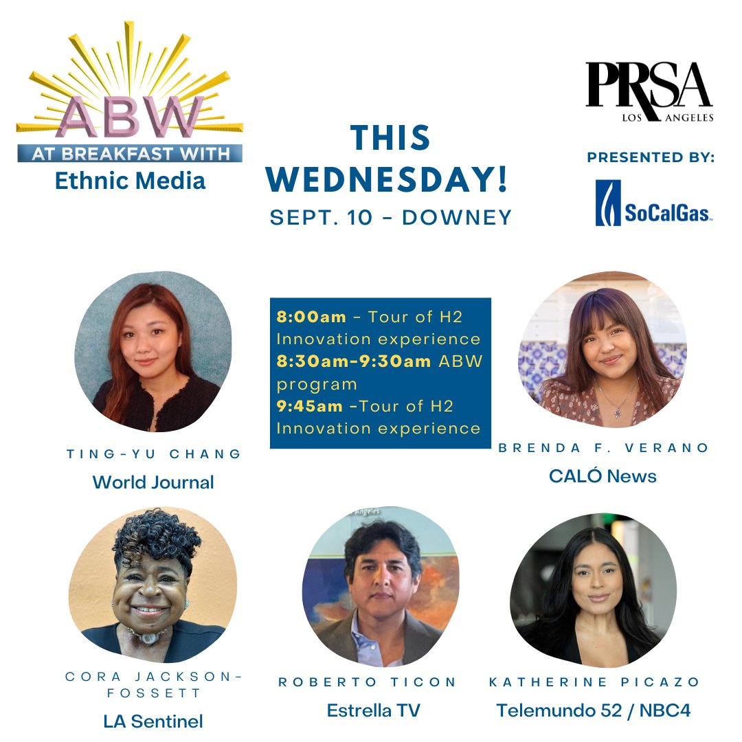 Happening THIS WED! At Breakfast With Ethnic Media – learn how to build meaningful relationships with multicultural media + enjoy breakfast &amp; a tour of the SoCalGas H2 Innovation Experience. Downey | $20 | Free parking. RSVP: linktr.ee/prsala
#PRSA_LA #EthnicMedia #PR