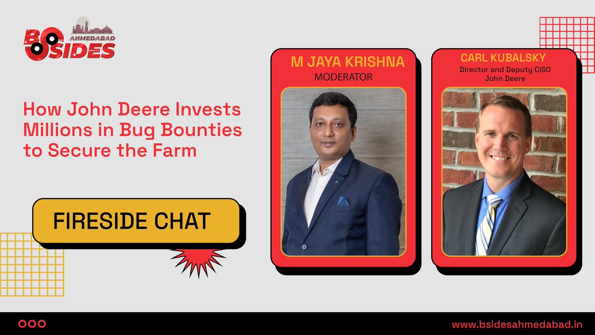 🌾💻 Tractors, tech &amp;… bug bounties?! You heard that right.

At BSides Ahmedabad 0x06, we’re bringing you an exclusive Fireside Chat on how one of the world’s most iconic names, John Deere, invests millions in bug bounties to secure not just machines, but the future of farming