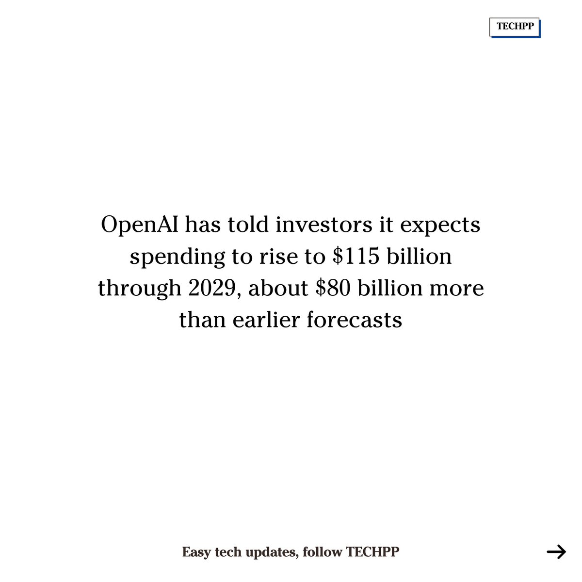 techpp's tweet image. OpenAI spending to hit $115B by 2029, that&apos;s $80 billion more than earlier forecasts. 

#OpenAI #AI #Spending #DataCenters