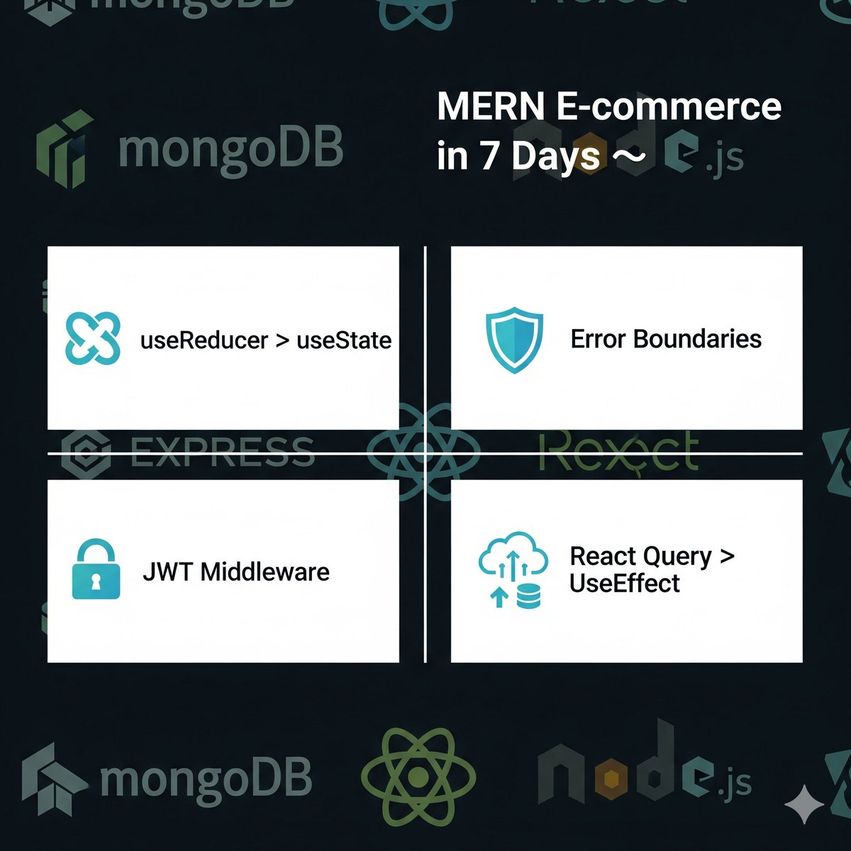 codewithmgupta's tweet image. 🚀 Built MERN e-commerce in 7 days
Key learnings: ✅ useReducer > useState for complex state ✅ JWT middleware is essential
✅ React Query > useEffect ✅ Error boundaries save apps
What's your biggest full-stack challenge?
#MERNStack #ReactJS #NodeJS #WebDev