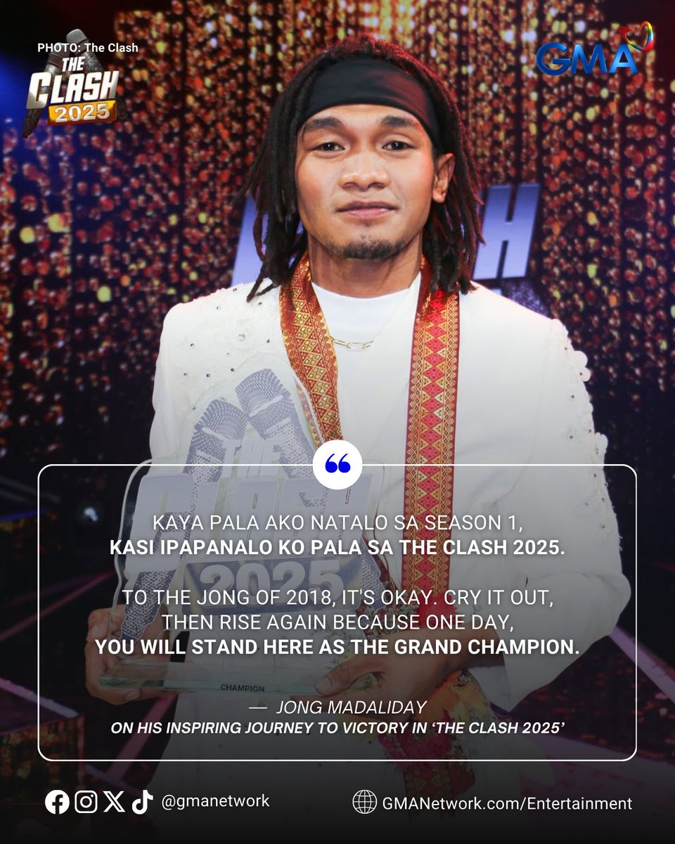 gmanetwork's tweet image. FROM CLASHBACKER TO GRAND CHAMPION! 🏆🎤✨

#JongMadaliday has finally claimed his sweet victory after years of struggle, pain, and perseverance, as he was declared grand champion of #TheClash2025.

Congratulations on your well-deserved win, Jong! 👏🏻

#KapusoTalks