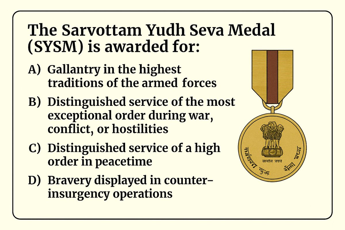 Competitive Exams (@cematerial) on Twitter photo Current affairs Quiz๐๐๐:
The Sarvottam Yudh Seva Medal (SYSM) is awarded for:
#currentaffairsquiz #currentaffairs 
#UPSC  #SSC #RRB Current affairs Quiz๐๐๐:
The Sarvottam Yudh Seva Medal (SYSM) is awarded for:
#currentaffairsquiz #currentaffairs 
#UPSC  #SSC #RRB