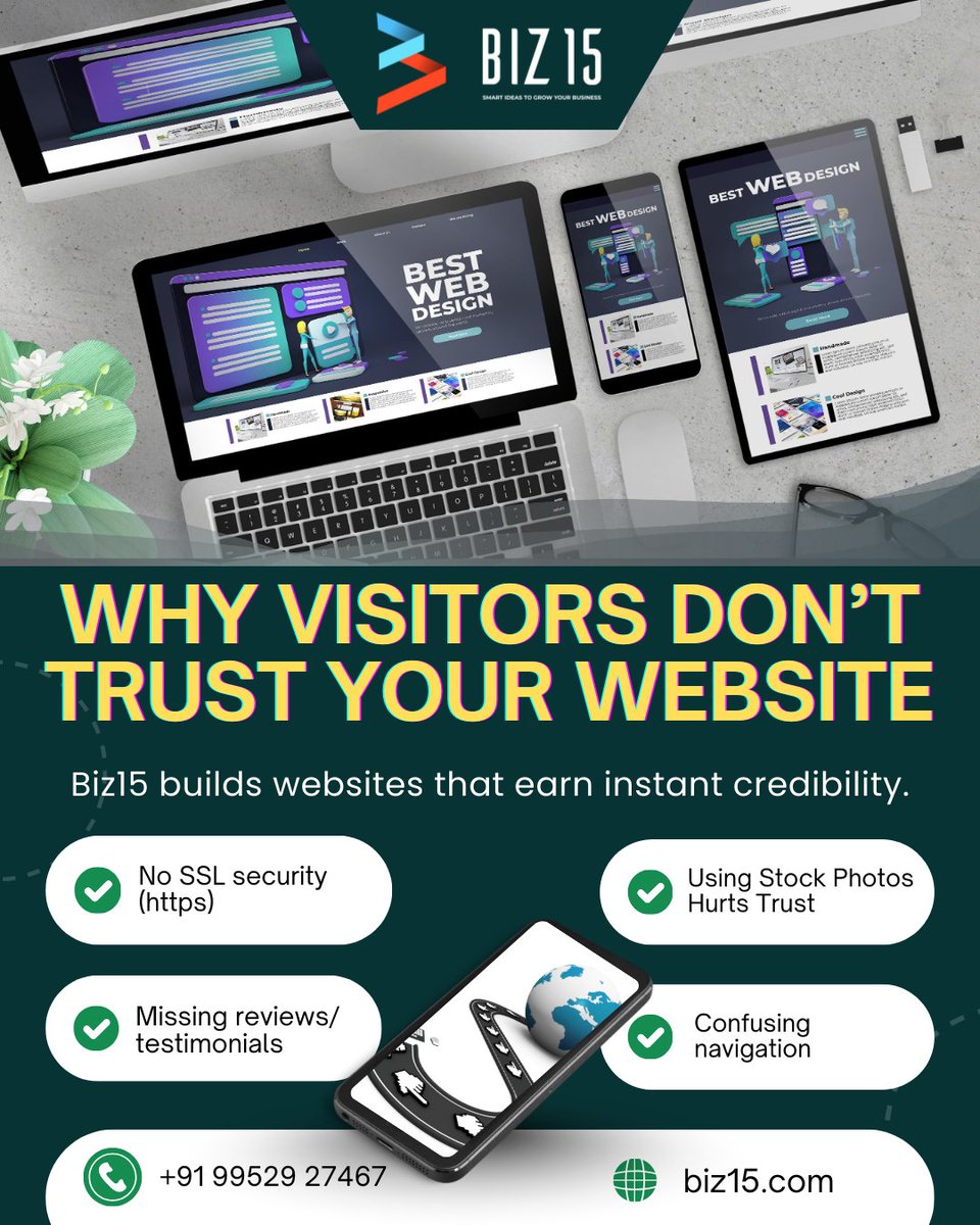 Biz15Digital's tweet photo. Why Your Website Visitors Don’t Trust You (Yet)

❌ No SSL security (https)
❌ Stock images instead of real photos
❌ Missing reviews/testimonials
❌ Confusing navigation
💡 Trust = Conversions.
👉 Biz15 builds websites that earn instant credibility.

📞 Call: 99529 27467 | Visit: https://t.co/eQdAgVHghe

#WebsiteDesign #BusinessTrust #DigitalMarketing