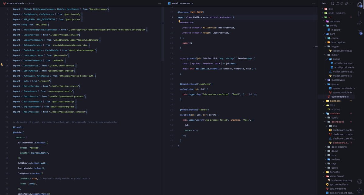 newbie_dev25's tweet image. 🚀 Progress update on my startup app. No vibe coding ✊🏻
Day 4
✅ Mailing service w/ NodeMailer
✅ Queueing w/ BullMQ
✅ Basic CRUD for models
✅ Seeders & factories
Slowly shaping the foundation—sharing a code peek
#buildinpublic #startuplife #nestjs #typescript🚀