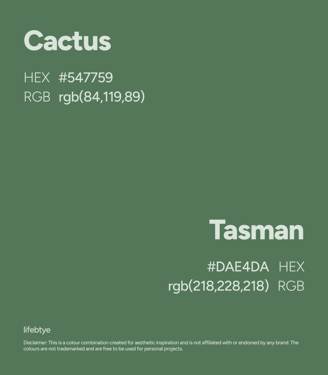lifebtye's tweet image. A calm and earthy pairing: Cactus &amp;amp; Tasman. 🌵🤍 This serene duo combines a deep, natural green with a soft, pale grey. The palette evokes a feeling of quiet solitude in nature, like a tranquil forest at dawn, creating a design that feels organic and soothing.

#naturaltones