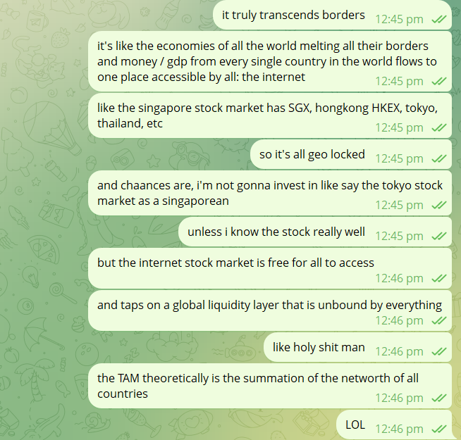 Screenshot of a conversation about crypto's borderless nature and global liquidity