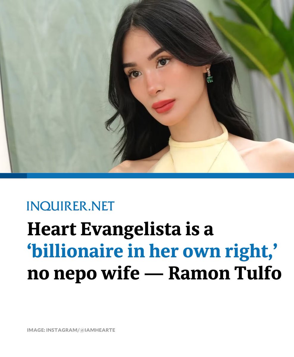 inquirerdotnet's tweet photo. Heart Evangelista has found a defender in veteran columnist and broadcast journalist Ramon Tulfo who said the wife of Senate President Francis “Chiz” Escudero is a “billionaire in her own right,” and not a nepo wife getting her perks courtesy of her husband.

READ MORE: https://t.co/taXK6EaI93