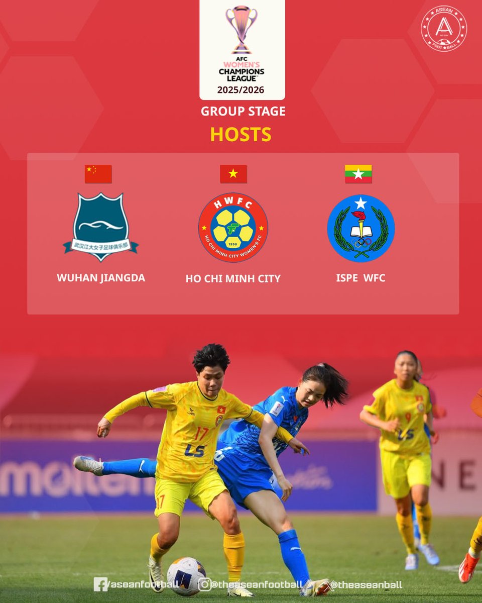 theaseanball's tweet photo. 📢The AFC has confirmed the three host clubs for the group stage of the AFC Women’s Champions League™ 2025/26:

🇨🇳 Wuhan Jiangda Women’s FC
🇻🇳 Ho Chi Minh City Women’s FC
🇲🇲 ISPE WFC

📅 Match windows:
🇲🇲 Myanmar: Nov 9–15
🇻🇳 Vietnam: Nov 13–19
🇨🇳 China PR: Nov 17–23 https://t.co/d7AgecQq7W