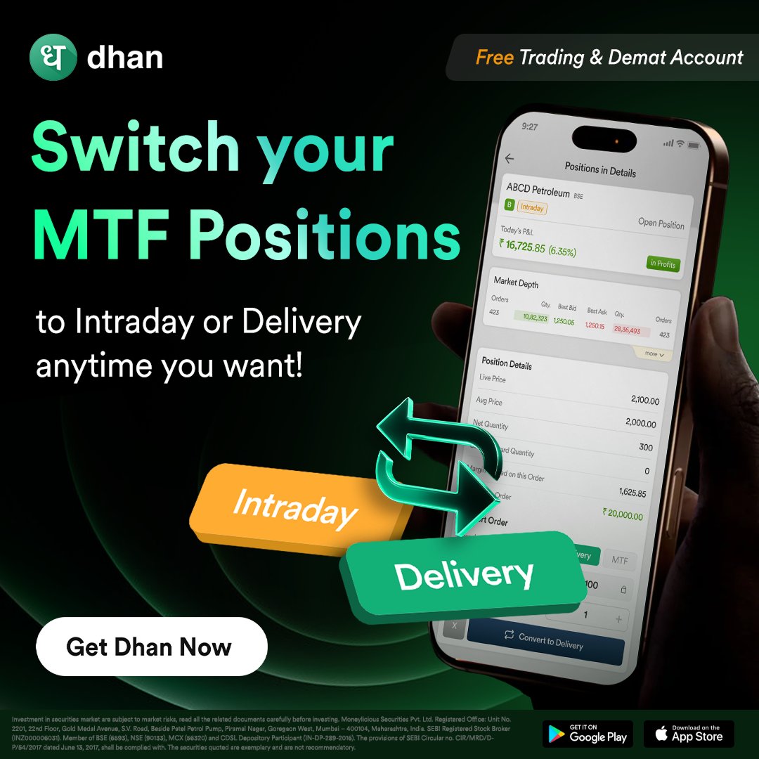 DhanHQ's tweet photo. Turn small capital into big trades with MTF on Dhan ⚡

-  ₹5K to ₹1 Cr in margin funding
-  Switch between Intraday, Delivery &amp; MTF anytime
-  4X leverage on 1700+ stocks

Downlod the app now!