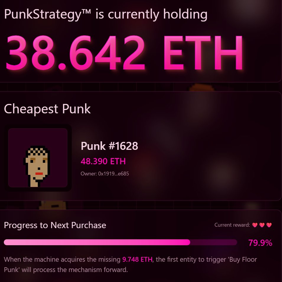 punkstrategy、あと9.7ETH程度で最初のPUNKS購入👀

購入したPUNKSのリスト価格は2倍から1.2倍に引き下げられたとのこと。外部プロトコルがNFTの価値をあげていく試み、おもしろい✨️ <a href="/token_works/">TokenWorks™</a>