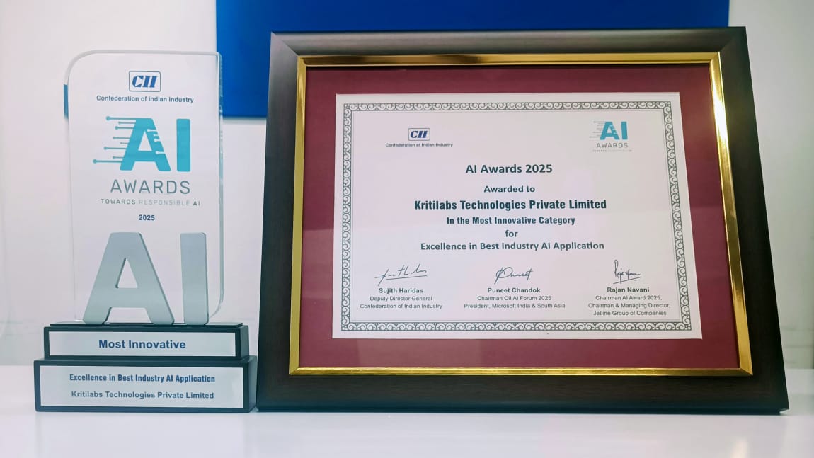 kritilabstech's tweet image. Proud to share that KritiLabs has won the @FollowCII  AI Awards 2025 in the Most #Innovative Category for Excellence in Best #Industry AI Application!

A national-level recognition after 2 jury rounds, a true testament to our team’s innovation &amp;amp; impact.

#AI #Iot #technology