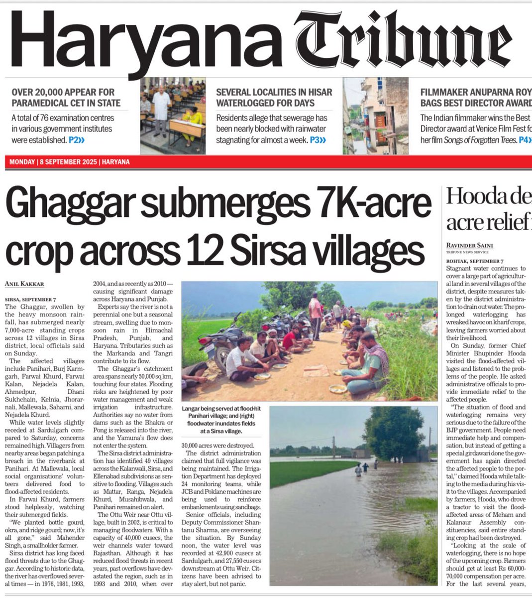 Anilkakkar07's tweet image. 🌾 #Ghaggar’s #Overflow Shatters #Farmers’ Hopes in #Sirsa
- 7k acres of standing #crops washed away across 12 villages
- Farmers blame #nature’s fury

Report by #AnilKakkar for @thetribunechd 
@cmohry @ggayatri27 @dcsirsa @Kumari_Selja @NayabSainiBJP

tribuneindia.com/news/haryana/g…