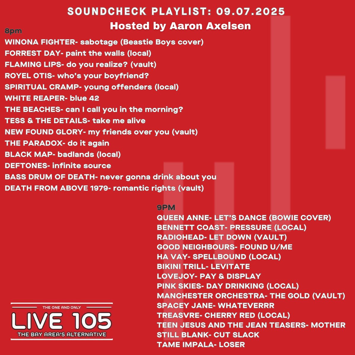 .<a href="/AaronAxelsen/">aaron axelsen 🪩</a> dropped by for two hours of new music and Bay Area on <a href="/soundcheckspins/">LIVE 105’s SOUNDCHECK</a>! Here's what you heard on tonight's show: