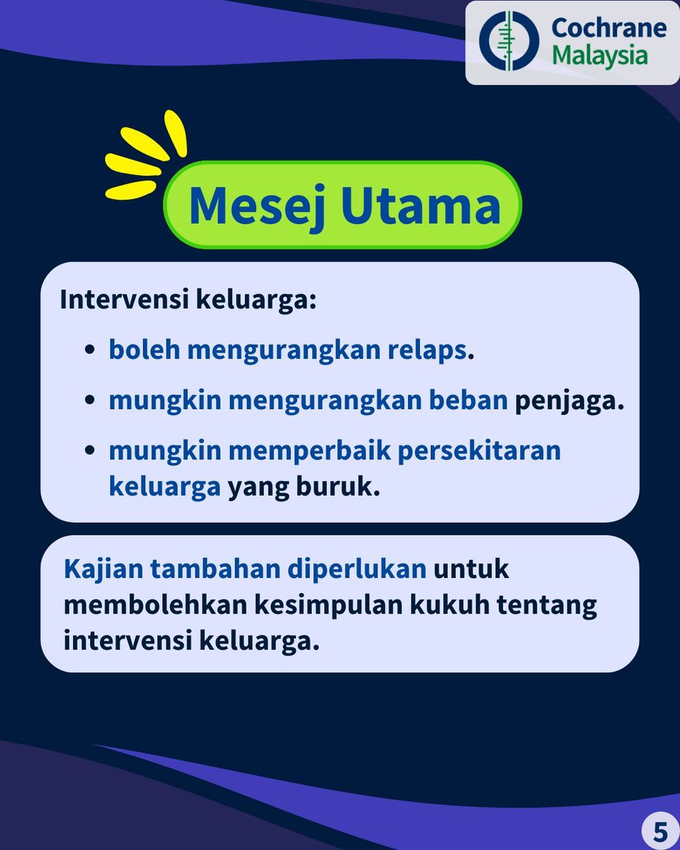 📜Adakah intervensi yang ditujukan kepada orang dengan skizofrenia dan keluarga mereka lebih berkesan daripada penjagaan standard?
Ulasan menyertakan 26 kajian dengan 1985 orang dengan skizofrenia
📌dub.sh/gWueJxI

#CochraneMalaysia #CochraneReview #schizophreniaresearch