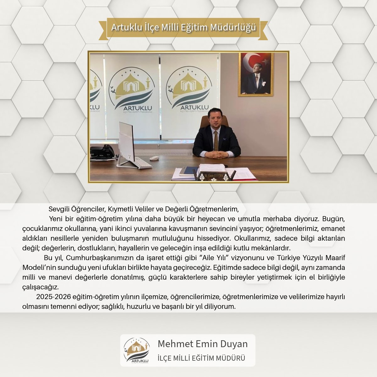 📝 İlçe Milli Eğitim Müdürümüz Sayın Mehmet Emin Duyan'ın 2025-2026 Eğitim Yılı Açılış Mesajı