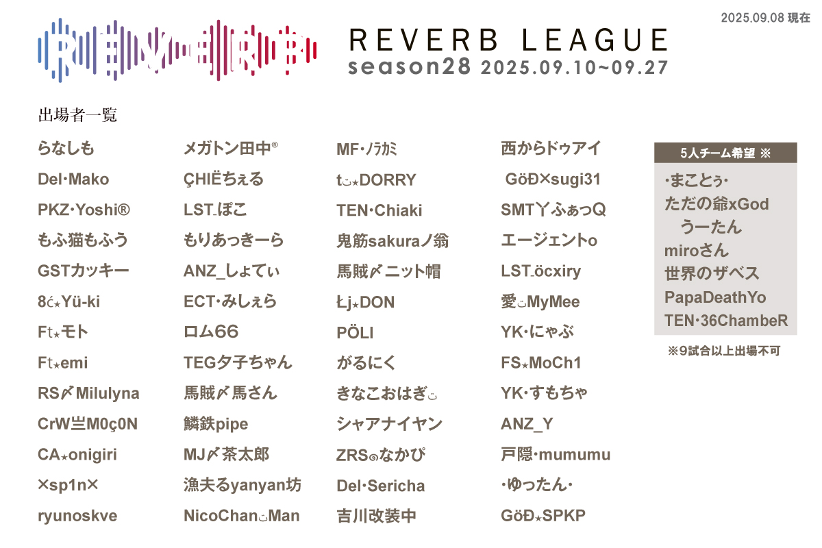 【REVERB LEAGUE | season28】
開催予定日／2025年9月10日〜27日

シーズン28は、13チーム編成で行います。
抽選会は、明日やる予定。

よろしく！！