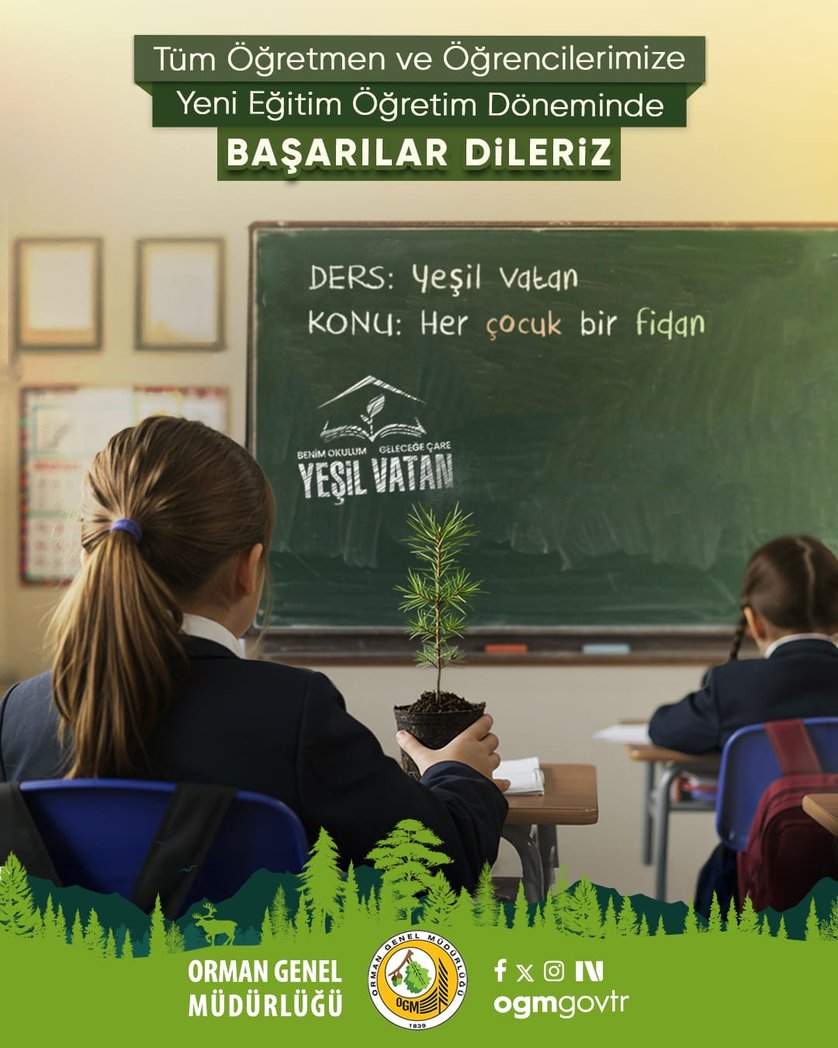 İlk ders zili Yeşil Vatan temasıyla çalıyor. 🔔💚🌲

Öğrencilerimiz, orman sevgisiyle ve ormanlarımızı koruma bilinciyle okula başlıyor.

Yeni eğitim ve öğretim yılında tüm öğretmenlerimize ve öğrencilerimize başarılar diliyoruz.  #YeşilVatan’ı hep birlikte koruyor ve