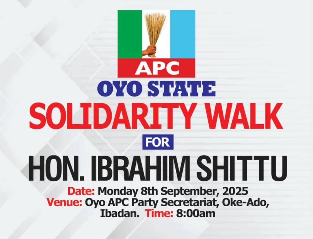 An injury to one is an injury to all.

Attention!

Are you an APC faithful?

Are you a patriot who cares for the good of Oyo State?

Join us today (Monday) at 8am for a peaceful rally/solidarity walk to speak against fraudulent loans being taken