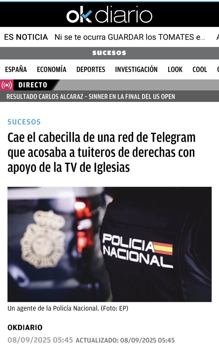 Buenos días a todos.

“Cae el cabecilla de una red de Telegram que acosaba a tuiteros de derechas con apoyo de la TV de Iglesias.”

¿Lo de que un grupo de tuiteros hayamos desmantelado una organización criminal qué es?