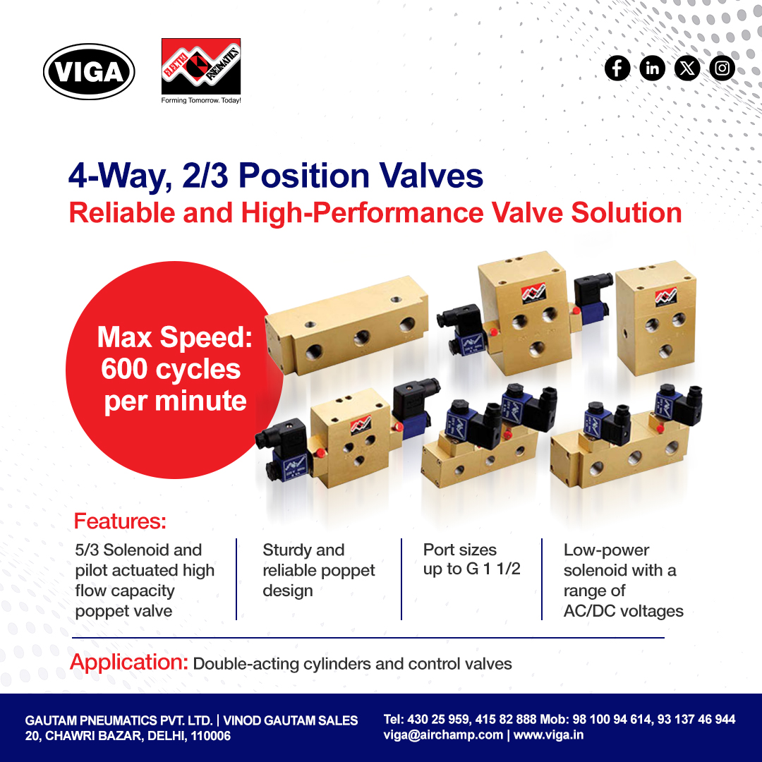 vigadotin's tweet photo. Speed. Strength. #Reliability.
#Electropneumatics’s 4-Way, 2/3 Position #Valves deliver 600 cycles per minute for double-acting #cylinders &amp; #controlvalves.
🔹 High flow poppet design
🔹 Low power #solenoid (AC/DC)
🔹 Port sizes up to G 1 ½
#VIGA #IndustrialAutomation #Pneumatic https://t.co/NE09k46yJW