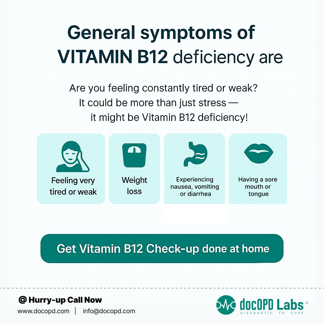 docopd's tweet photo. ⚠️ Common symptoms include:
✔️ Fatigue &amp; weakness
✔️ Loss of appetite
✔️ Weight loss
✔️ Nausea, vomiting, or diarrhea
✔️ Sore mouth or tongue

📞 Hurry-up, Call Now!

#VitaminB12 #HealthCheckup #docOPDLabs #StayHealthy #DiagnosticToCure #B12Deficiency #WellnessAtHome https://t.co/EEUzei05ez