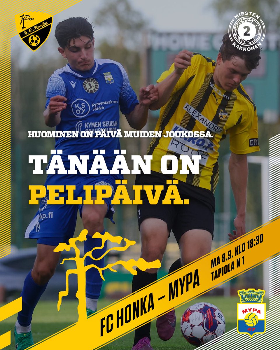 Huominen on päivä muiden joukossa. 𝐓ä𝐧ää𝐧 𝐨𝐧 𝐩𝐞𝐥𝐢𝐩ä𝐢𝐯ä. 

Tervetuloa Espooseen, MyPa! 

⚽️ FC Honka - MyPa
⏳ Ma 8.9. klo 18:30
🏟️ Tapiolan urheilupuisto N
🎫 Liput tuttuun tapaan Tiketistä tai portilta. 

tiketti.fi/fchonka 

#MeOllaanHonka

📸 Juhani Järvenpää
