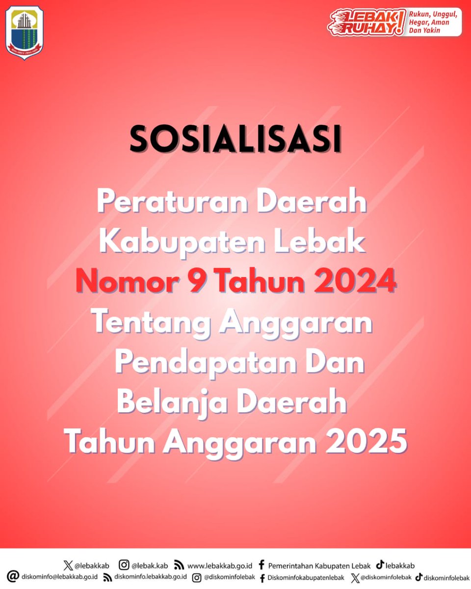 diskominfolebak's tweet photo. Wargi Lebak, simak informasi tentang APBD Kabupaten Lebak Tahun 2025 yang tertuang dalam Peraturan Daerah Kabupaten Lebak Nomor 9 Tahun 2024 Tentang Anggaran Pendapatan dan Belanja Daerah Tahun Anggaran 2025.
#LebakRuhay #VisitLebak #LebakUnique #BekerjaDenganHati https://t.co/sKmIwWWy9c