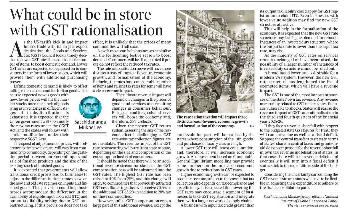 "What could be in store with GST rationalisation" by Sacchidananda Mukherjee, Professor, Nipfp Delhi, in Hindustan Times, 05/09/2025, p.16
hindustantimes.com/opinion/what-c…