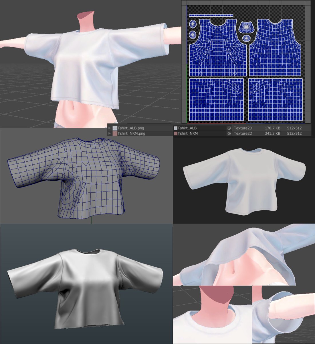練習Tシャツ作成(8h)
MarvelousD→ZBrush→Maya→SubstanceP→Unity
2464ポリ、テクスチャ512*2
無からマベを雛型にシワをZBで調整後Mayaでリトポ、UV、ウェイトしSPでテクスチャしUnityでlilToonマテリアル設定まで
速さ重視ゆえに雑ですが...
首袖裾の裏面は3ループ目までで蓋してます
#VRChat #3DCG