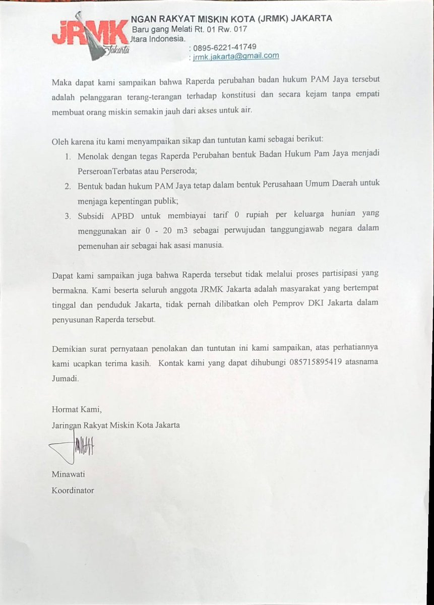 Surat penolakan privatisasi air jakarta dari <a href="/JRMK_Jakarta/">Jaringan Rakyat Miskin Kota Jakarta</a> dan <a href="/urbanpoor/">UPC</a> ke DPRD DK Jakarta. Semoga nyampe juga ke pak <a href="/pramonoanung/">Pramono Anung (IG : @pramonoanungw)</a>. Titip ya pak <a href="/prastow/">Prastowo Yustinus</a>