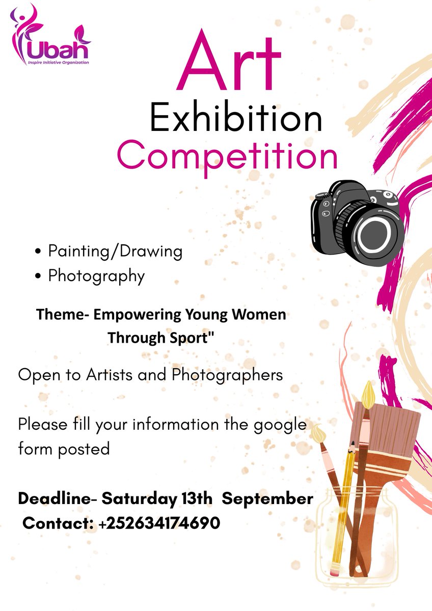 Ubah Inspire Org is holding an Art &amp; Photography Exhibition Competition!
Theme: “Empowering Young Women Through Sport.” 
Selected works will be showcased &amp; rewarded.

#ArtExhibition #UbahInspire #EmpowerThroughArt #EUkickstartforequality

Apply here docs.google.com/forms/d/e/1FAI…