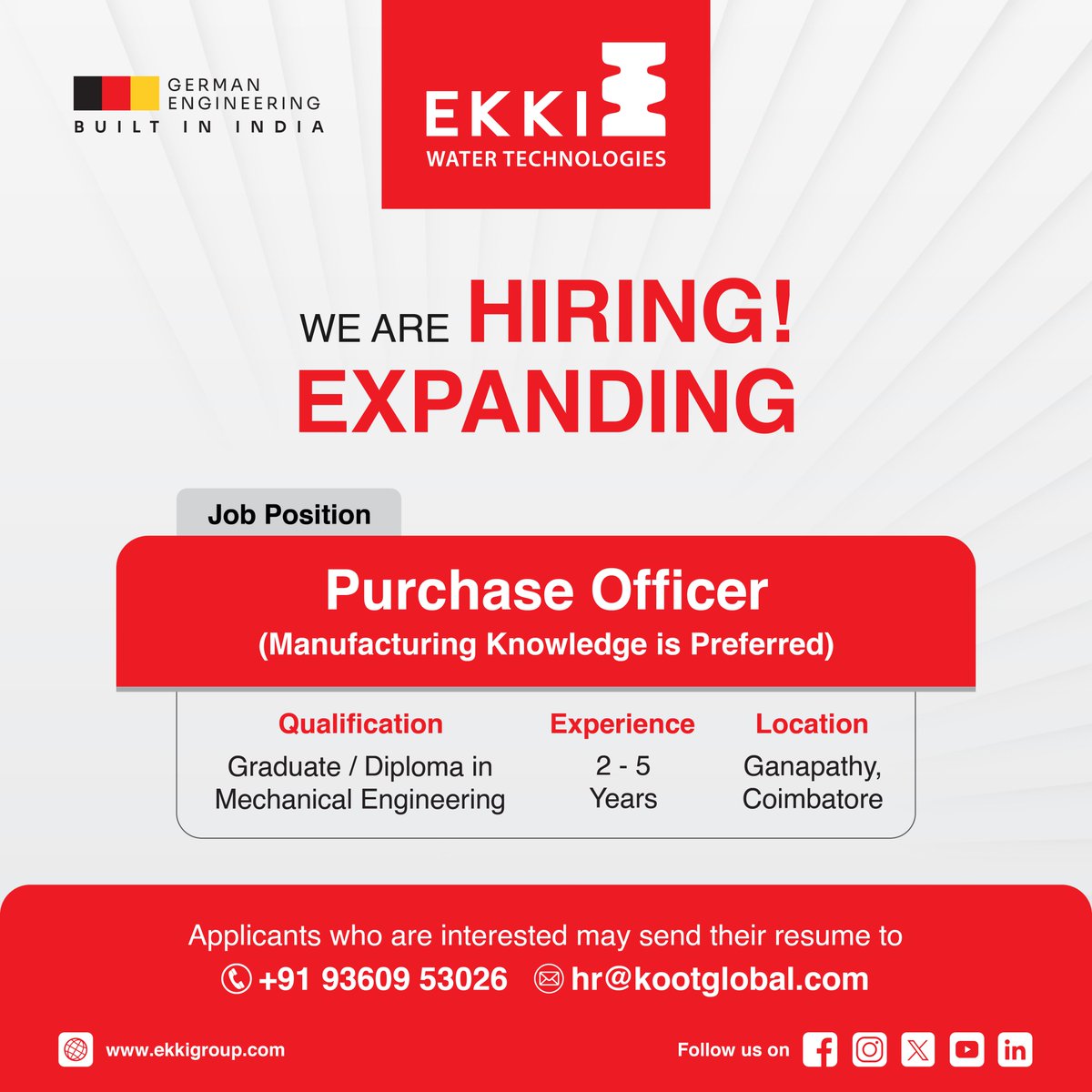 We’re Hiring!
Join <a href="/ekki_group/">EKKI</a> as a Purchase Officer and grow your career with a company shaping the future of water technology.
📌 Apply today!
#EKKI #Hiring #CareerOpportunity #PurchaseOfficer #SupplyChain #Procurement #JoinOurTeam #EKKICareers  #CoimbatoreJobs #ProcurementJobs
