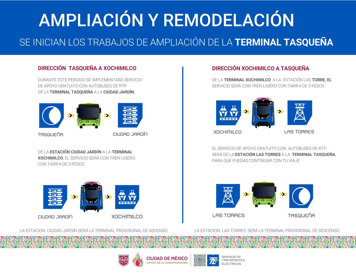 🔴 Servicio provisional por ampliación de terminal Tasqueña del Tren Ligero #CDMX:

 ⬇️Tasqueña a Xochimilco
🚍 Tasqueña a Ciudad Jardín
🚈 Ciudad Jardín a Xochimilco

⬆️ Xochimilco a Tasqueña
🚈 Xochimilco a Las Torres
🚍 Las Torres a Tasqueña. ⚠️

🤳 <a href="/STECDMX/">Servicio de Transportes Eléctricos CDMX</a> | #87Punto3 📻🚩