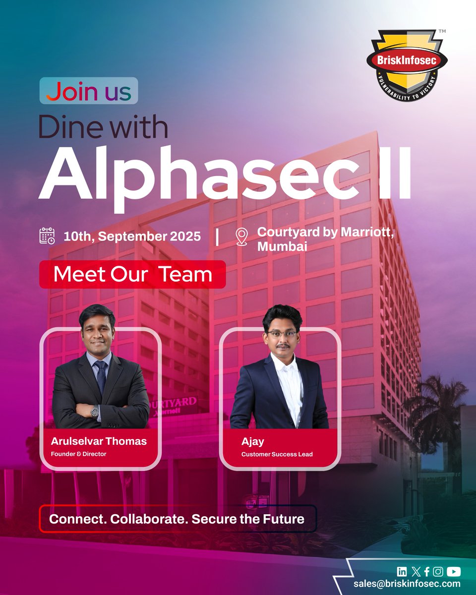 briskinfosec's tweet image. 🚀 #Briskinfosec is ready for #DinewithAlphaSec II!

Connecting with top #CISO, #CTO &amp;amp; cybersecurity leaders to exchange insights and shape smarter security strategies.

📅 10th Sept 2025 
📍 Courtyard by Marriott, #Mumbai

#Cybersecurity #Networking #events #informationsecurity