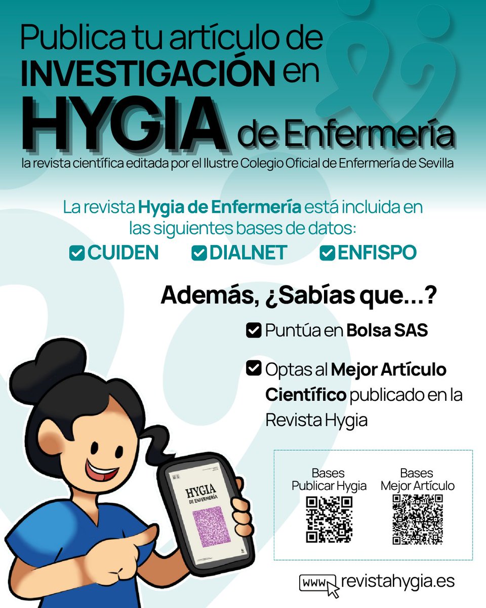 Colegio de Enfermería de Sevilla (@icoesevilla) on Twitter photo 🤔 ¿SABÍAS QUE el ICOES tiene una revista científica? Y... ¿Sabías que al publicar en #Hygia puntúa para la #BolsaSAS?
📝 BASES: revistahygia.es
🔗<a href="/consejo_andaluz/">Consejo Andaluz de Enfermería</a> <a href="/CGEnfermeria/">Consejo General de Enfermería</a> <a href="/saludand/">Consejería de Salud y Consumo</a> #Investigación #ICOES 🤔 ¿SABÍAS QUE el ICOES tiene una revista científica? Y... ¿Sabías que al publicar en #Hygia puntúa para la #BolsaSAS?
📝 BASES: revistahygia.es
🔗<a href="/consejo_andaluz/">Consejo Andaluz de Enfermería</a> <a href="/CGEnfermeria/">Consejo General de Enfermería</a> <a href="/saludand/">Consejería de Salud y Consumo</a> #Investigación #ICOES