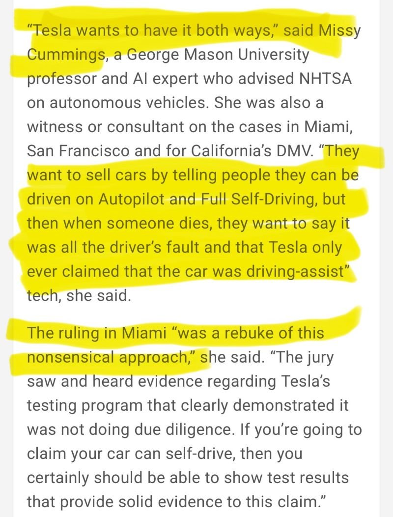 HUGE. Finally Tesla's "SMAM" being called out for what it is.

Turns out, you can not sell a car as "Full Self Driving" and then hold drivers accountable for "misusing" it as self driving car.

What a surprise, hu?

It's relieving finally seing rulings that hold Tesla accountable