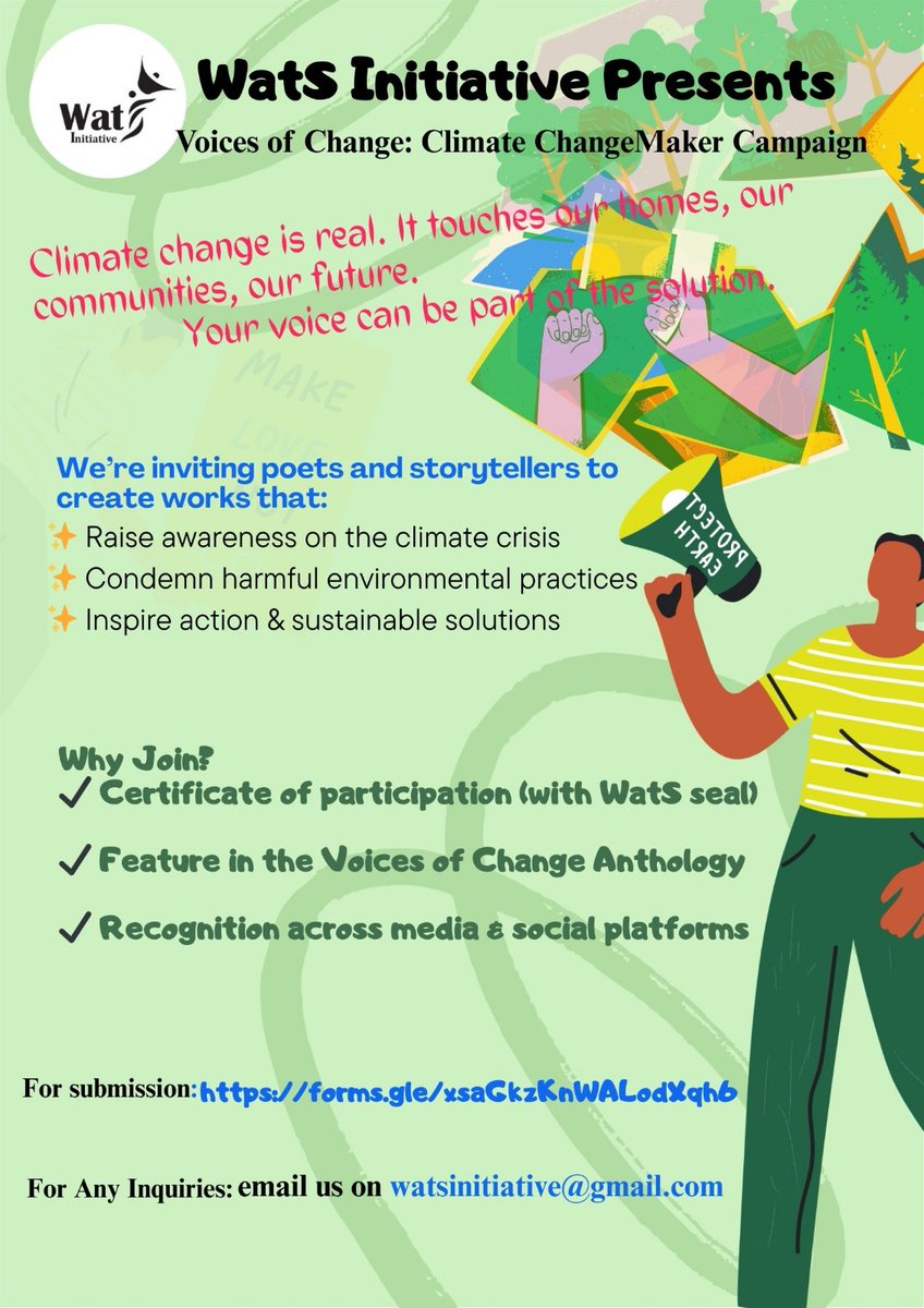 C_NevilleAfrica's tweet photo. WatS Voices of Change: Climate Changemaker Campaign
The earth is speaking in floods, in droughts, in burning heat and restless winds. Too often, her cries are ignored. That is where you come in.
Create stories of chsnge. Apply through the link below 

https://t.co/CwUU2D22rz https://t.co/xVSeQBzgrD