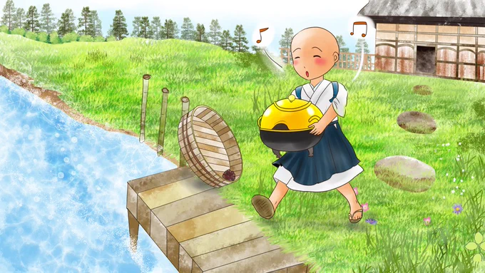昔のイラスト紹介 福娘童話集昔話17 「ぶんぶく茶がま」6 (あらすじ) 小坊主さんが茶釜をごしごし洗っていると突然茶釜が怒りだしました ・・続く #昔話