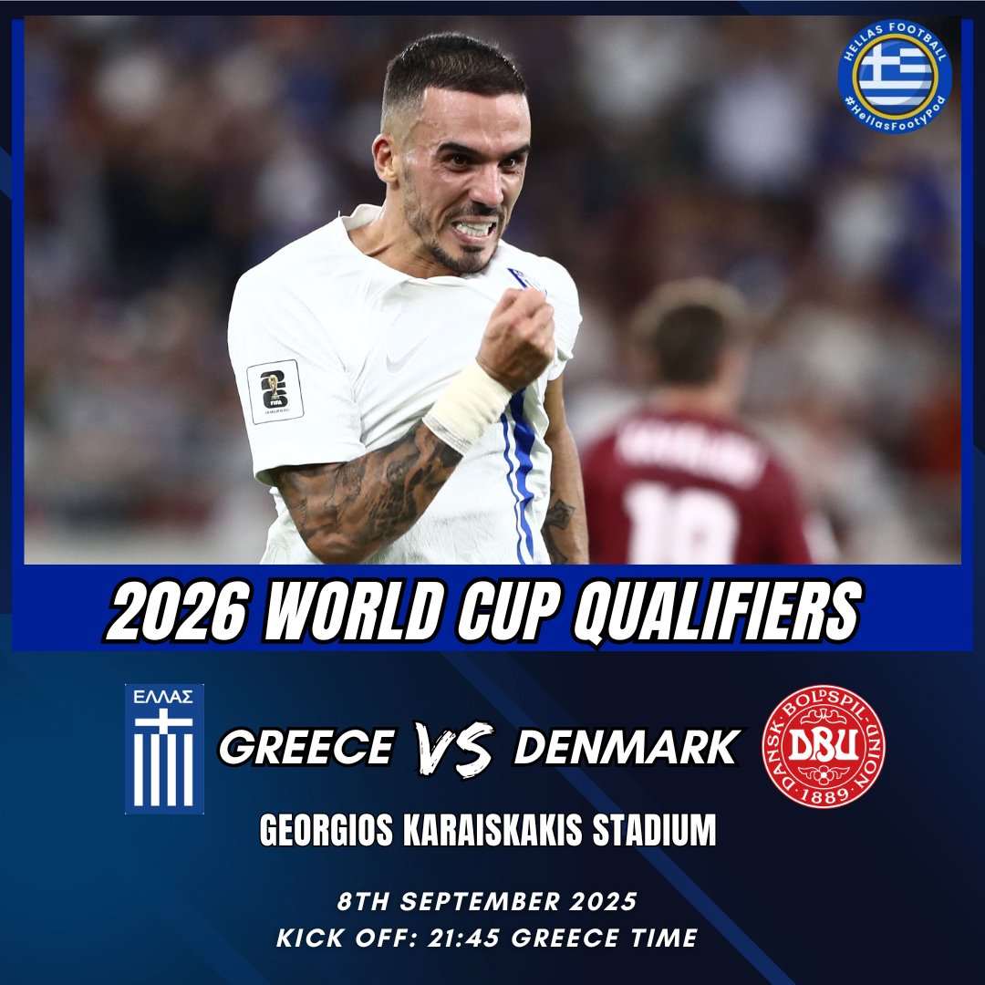 MATCHDAY 2: 2026 World Cup Qualifiers 🏆

🇬🇷 Greece vs Denmark 🇩🇰 
⏰ 21:45 Greece time
🏟️ Giorgos Karaiskakis Stadium 

Massive game tonight for Greece! A victory over the Danish will increase the Ethniki’s gap at the top of the table.

#Ethniki | #Greece | #GREDEN
