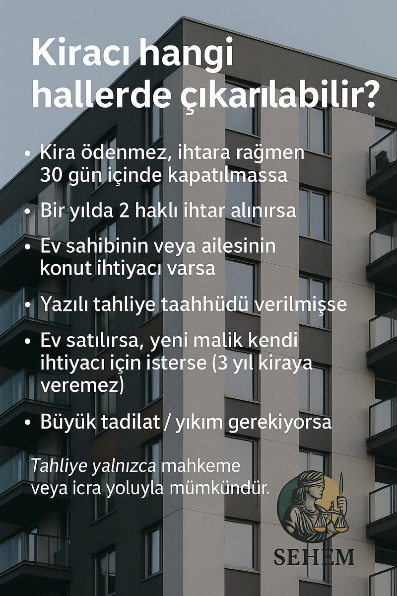 Kiracı hangi hallerde çıkarılır?  
- Kira ödenmezse (30 gün içinde kapatılmazsa)  
- Bir yılda 2 haklı ihtar  
- Ev sahibi/aile ihtiyacı  
- Tahliye taahhüdü  
- Satış sonrası yeni malik ihtiyacı (6 ay)  
- Büyük tadilat / yıkım  

#Kiracı | #EvSahibi | #Tahliye | #Hukuk