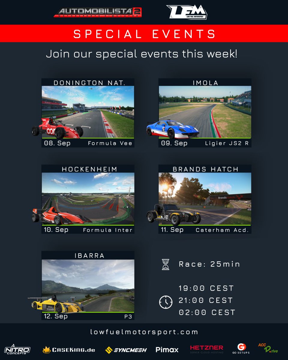 AMS2 SPECIAL EVENTS THIS WEEK! 🏁
Join on lowfuelmotorsport.com

<a href="/ReizaStudios/">Reiza Studios</a>  #automobilista2 #simracing #lowfuelmotorsport #LFM #racing #imola #donington #hockenheim #brandshatch #ibarra #simracing