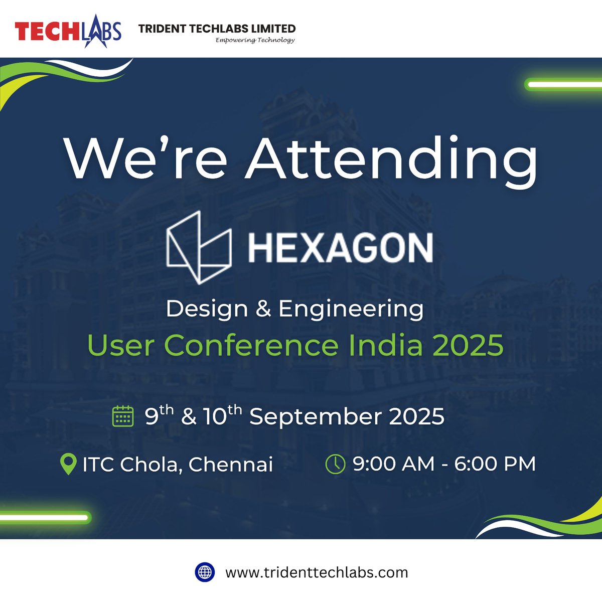 TechlabsTrident's tweet image. 🚀 Trident Techlabs is proud to be a Platinum Sponsor at the #HexagonUserConference 2025!
📍 ITC Chola, Chennai
📅 9–10 Sept 2025
2 days of keynotes, tech tracks & networking on the future of design & engineering. See you there!
#Innovation #FutureOfEngineering