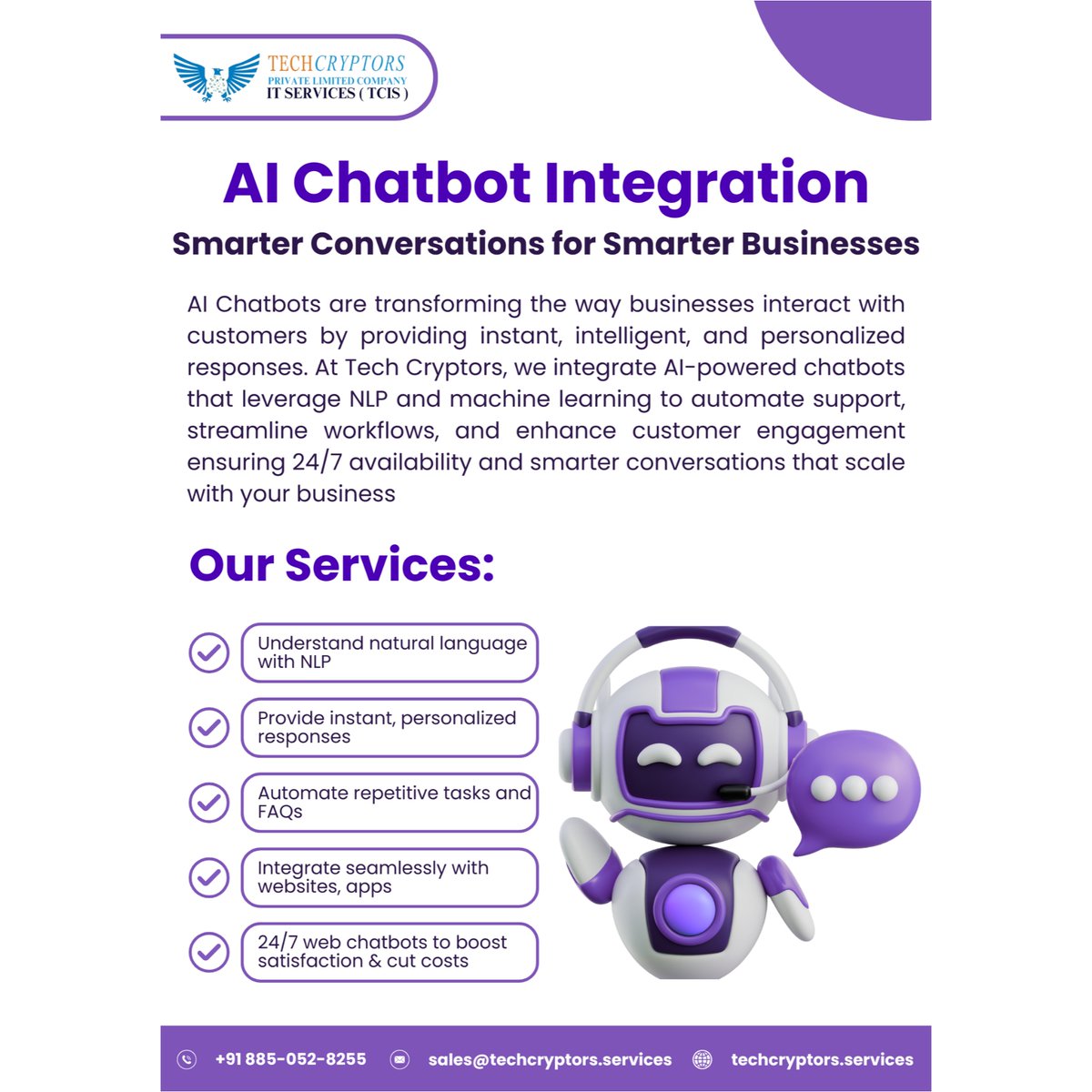 TechCryptors's tweet image. 🤖Smarter Conversations. Smarter Businesses.

📞wa.me/918850528255
📩sales@techcryptors.services
🌐techcryptors.services

#AIChatbot #ChatbotIntegration #ArtificialIntelligence #MachineLearning #NLP #ChatbotServices #TechCryptorsItServices #TechCryptorsPrivateLimited